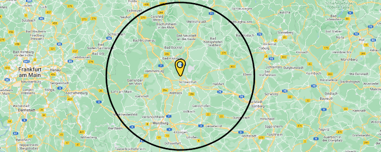 Google Map mit einer Firma bei Schweinfurt im Zentrum und einem Umkreis von 50 km um die Firma angezeigt